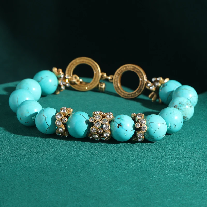 Vintage Turquoise Beaded Bracelets For Women Rhinestone Antique Gold Color Beach Accessories Luxury Branded Jewelry Summer 2025