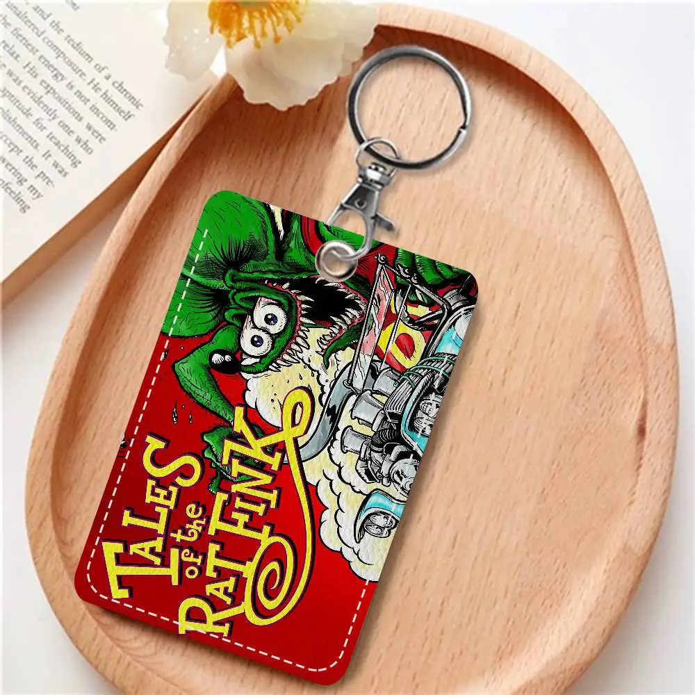 R-RAT F-FINK Rectangle ID Card Case Keychain Access Card Bag Key Tag Ring Leather Card Holder Key Ring Access