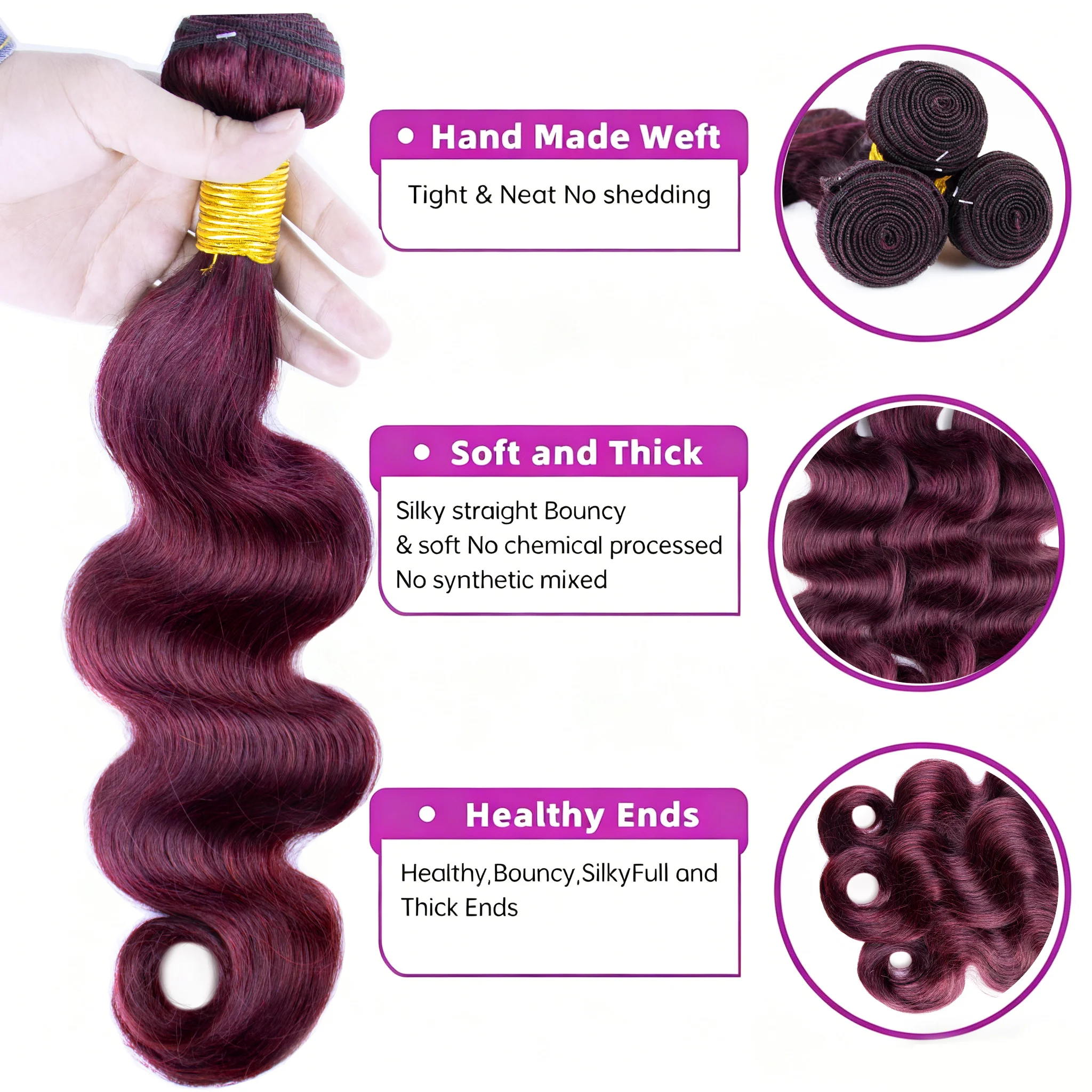 #99j Red Color Body Wave Bundles Human Hair 30 Inch Burgundy Bundles Double Weft Virgin Hair Weaving Bundle Deals For Extension view 3
