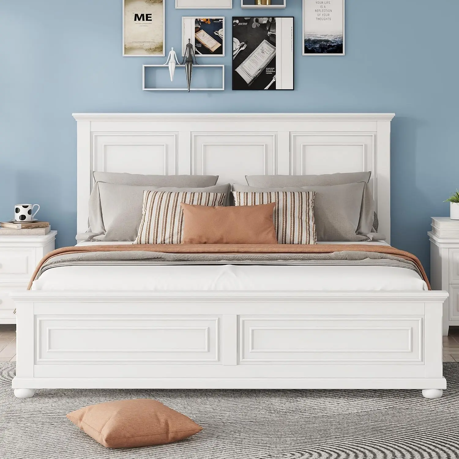 Farmhouse King Bed Frame Tall Headboard & Footboard, Wood Panel Platform Base No Squeak No Box Spring Needed, Customized