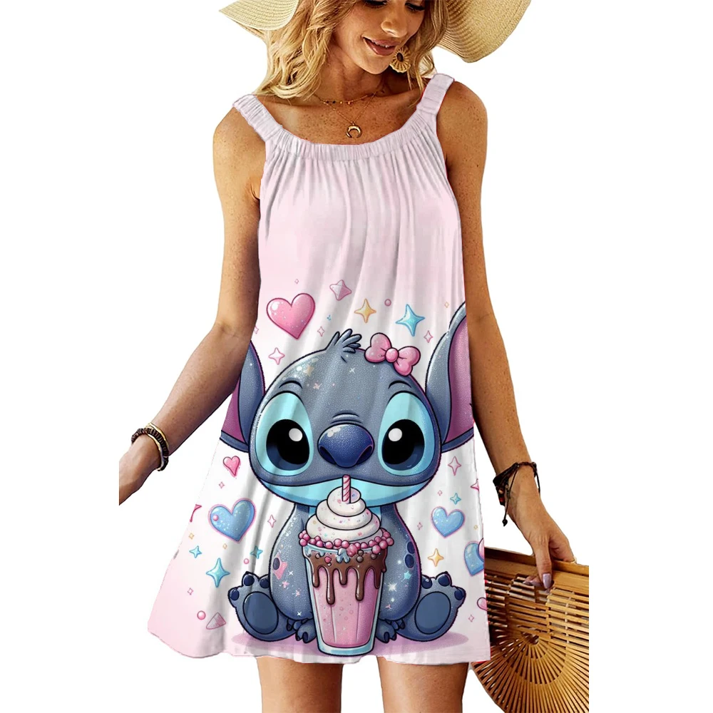 Sukienka plażowa Y2k Luźne eleganckie sukienki dla kobiet 2025 Party Cartoon Sexy Woman Clothes Robe Stitch Sling Sleeveless Printed Boho