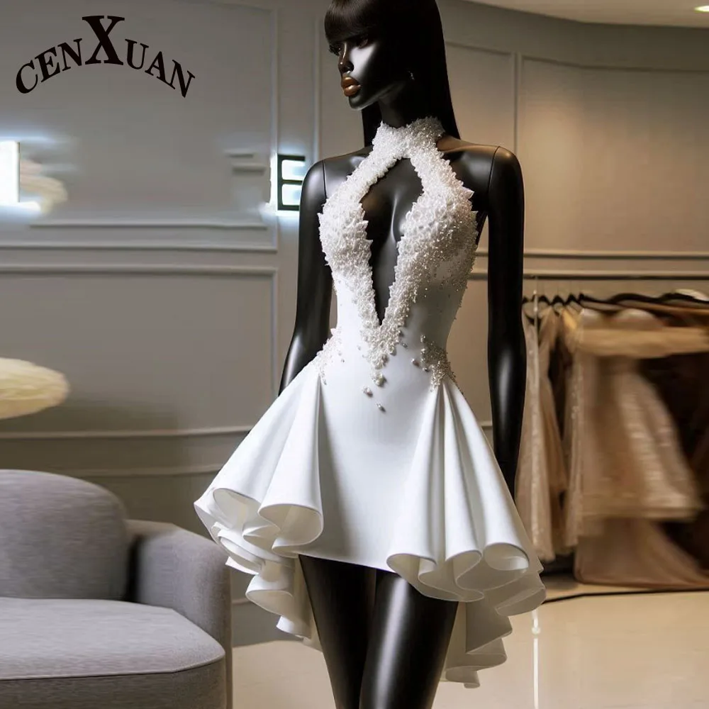 CENXUAN Fahsion Homecoming Dress Cutout Halter Rhinestones Sleeveless Chiffon Special Event Dress Vestido de Noche Customized