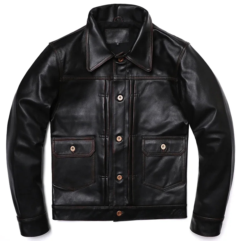 2025 New Vintage Leather Jacket Men\'s Classic 506 Denim Coat Tea Core Horsehide Genuine Natural Leather Clothes Slim Jackets