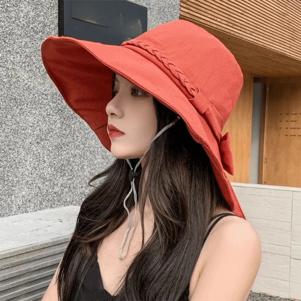 

Portable Wide Brimmed Women's Sun Hat with Bowknot Casual Bucket Hat Foldable Korean Style Fishman Hat Beach