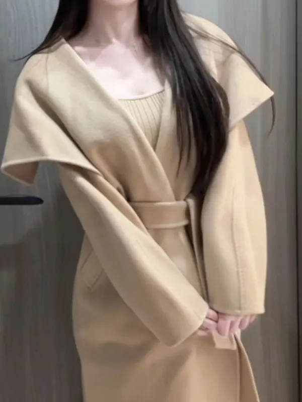 

Ретро-пальто из шерсти с узлами в корейском стиле, очень красивое, модное, средней длины, Зима 2026