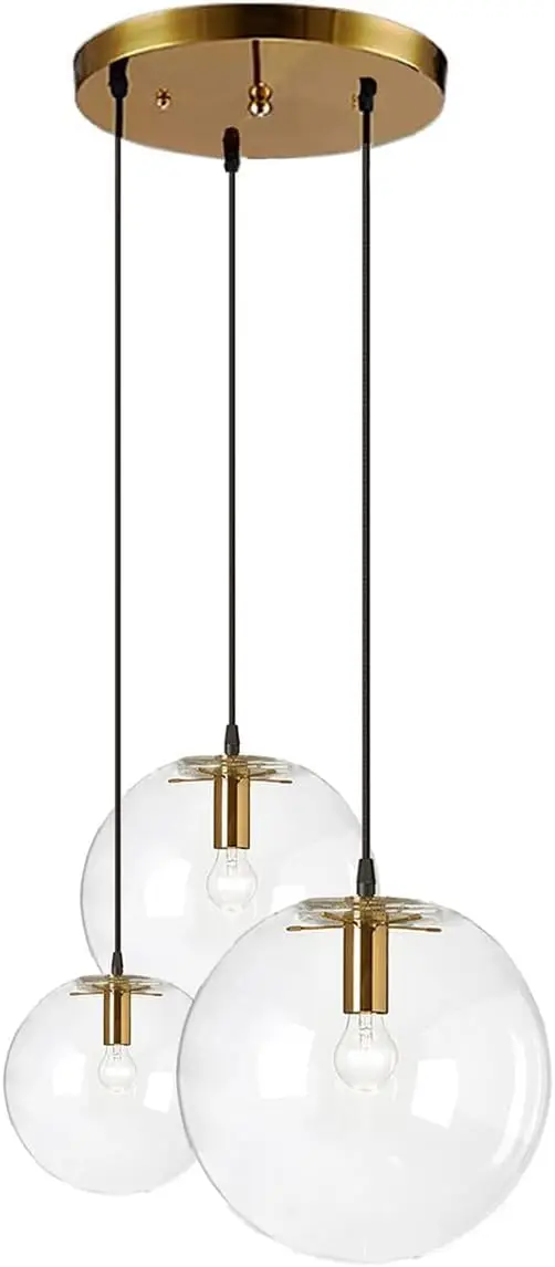 Glass 3-Light Pendant Light Fixture Black Cords and Transparent Shades Multi-Pendant Light for Kitchen Island