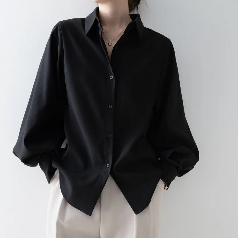 Lantern Sleeve Shirts Women Stylish Turn-down Collar Simple Korean Fashion Classic Popular All-match Casual Ins Spring Female