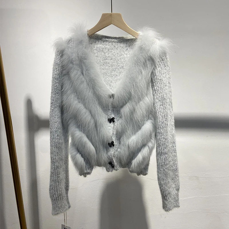 เสื้อสเวตเตอร์ขนสุนัขจิ้งจอกแท้สีน้ำเงินสำหรับผู้หญิง คอลเลคชั่นใหม่ล่าสุด ฤดูใบไม้ผลิ 2025 เสื้อแจ็คเก็ตถักไหมพรมขนสัตว์แท้สำหรับฤดูใบไม้ร่วง