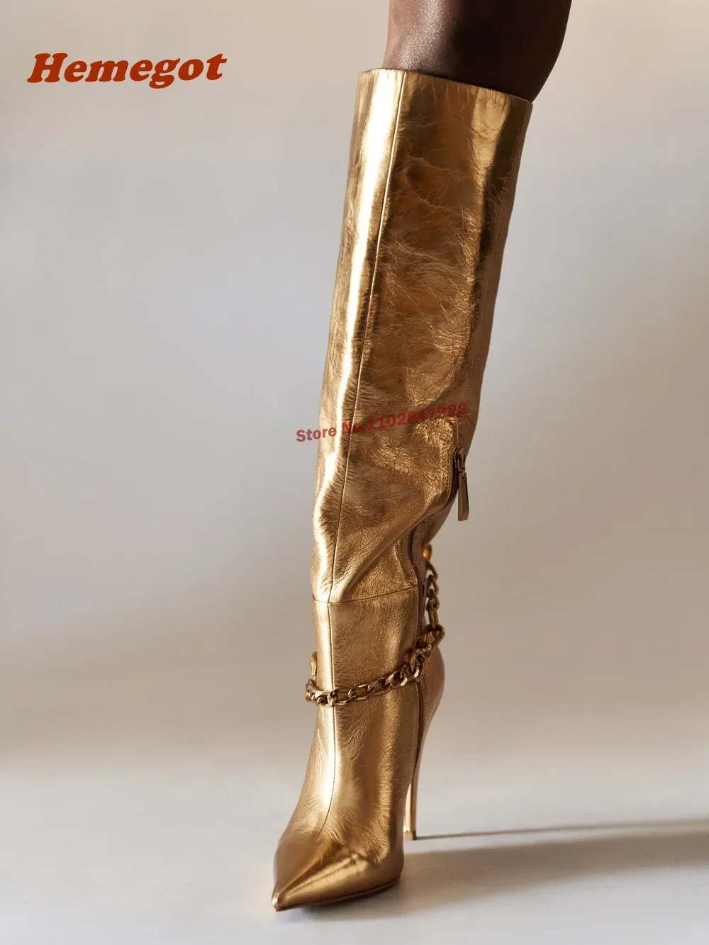 Botas de Invierno de Piel Brillante con Cadena Dorada, Tacón Alto, Punta Puntiaguda y Cremallera Lateral para Mujer, Zapatos de Moda Novedosos y Sexys