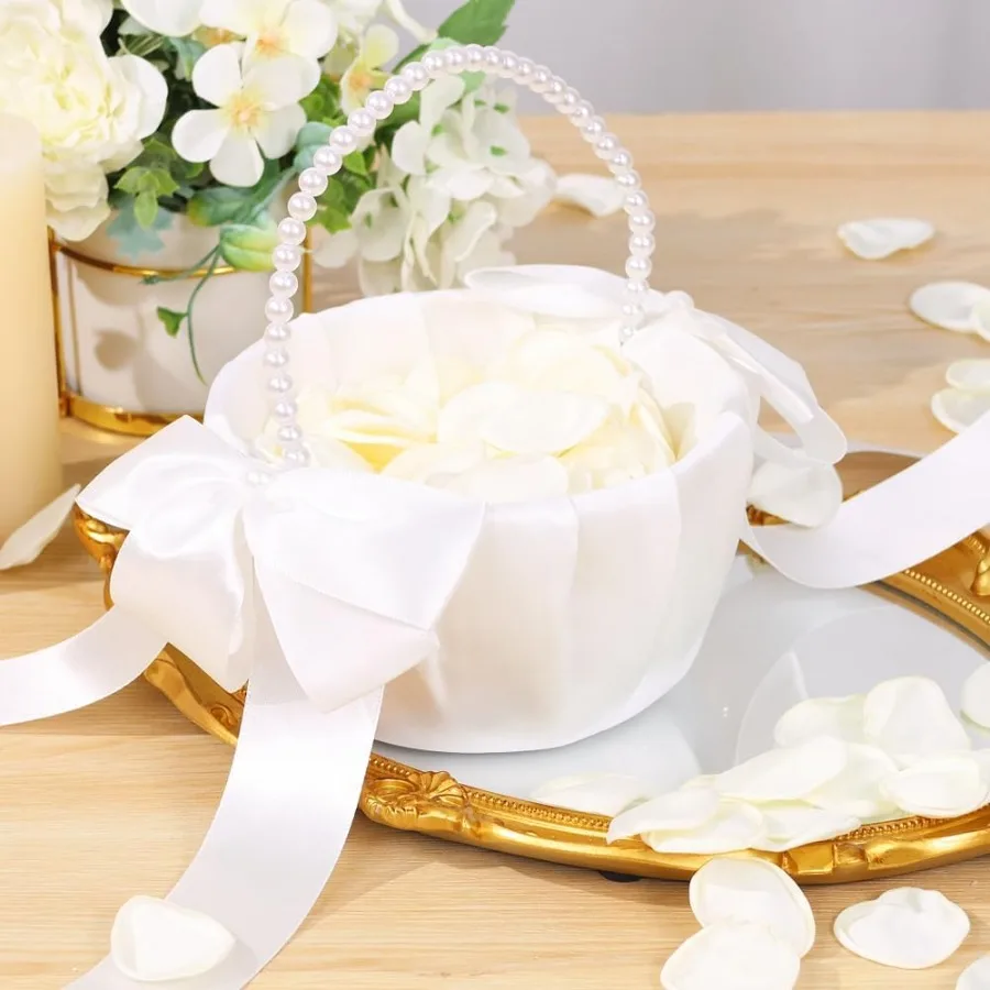1 Pack Wedding Flower Girl Basket with 200Pcs Silk Petals Pearl Handle and Ribbon Bow for Romantic Night Bridal Party Home Deco