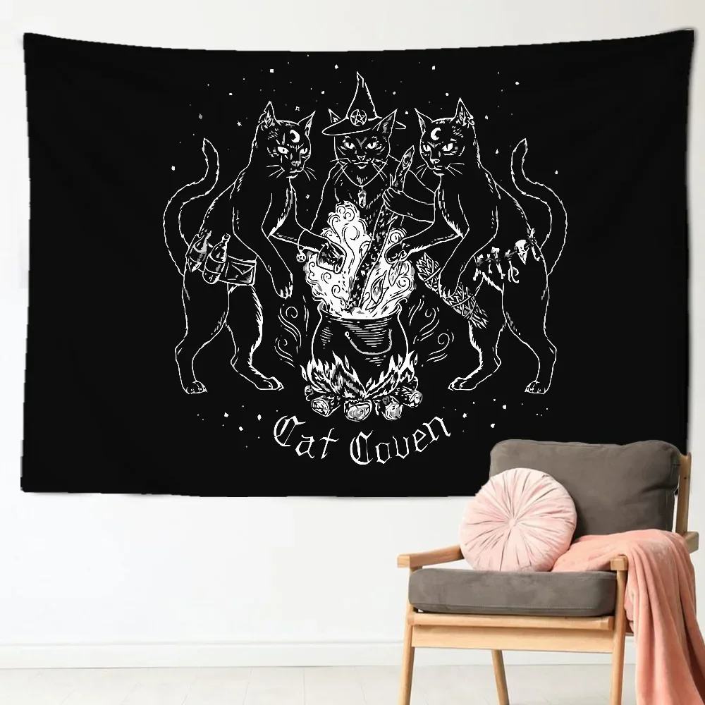 Cat witchcraft tapestry wall hanging  mysterious divination baptism  home  black decorative