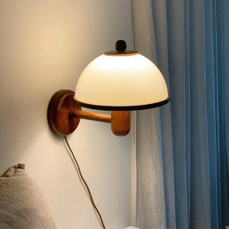 Nordic Retro Mushroom Wandlamp Externe Draad Plug Hout Acryl Lampenkap Licht Slaapkamer Woonkamer Gang Decoratieve Schans