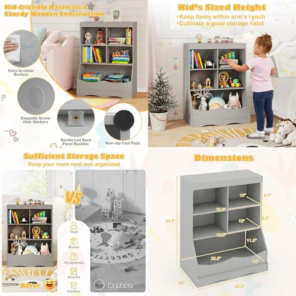 5-Compartment Kids Bookshelf with Shoe Storage and Anti-Tip Features, 3-Level Storage Unit for Children's Rooms, Playrooms, Nurs