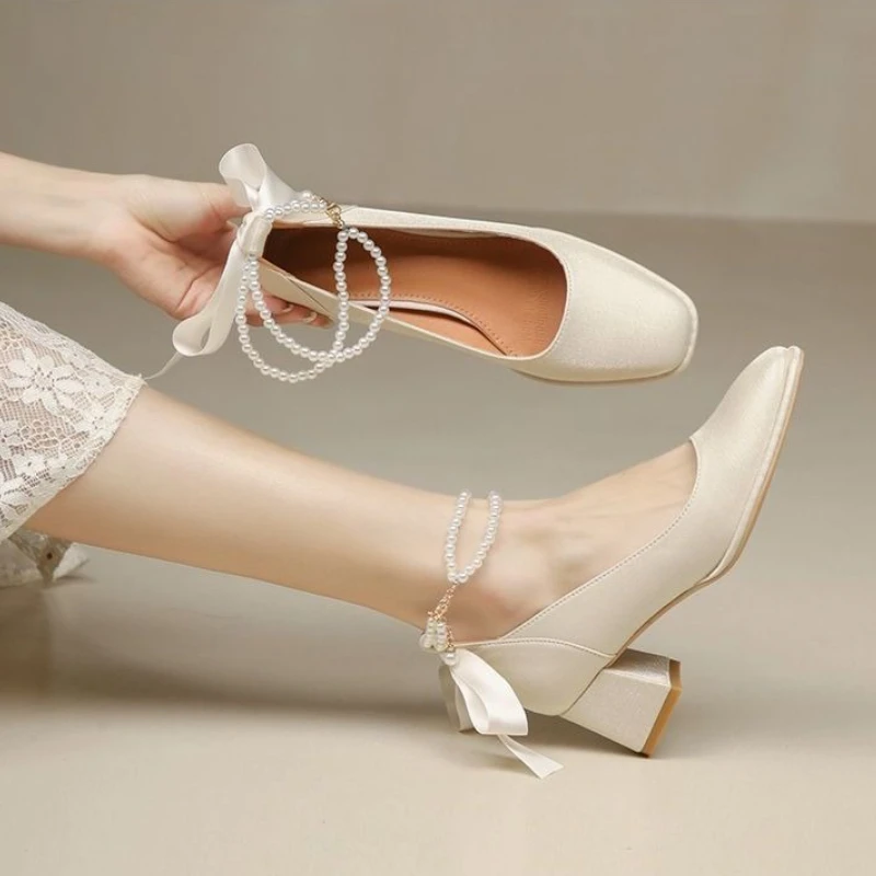 Women's Chunky Heel White Mary Jane Wedding Shoes French Style Bridal Bridesmaid Pumps Gentle Design Non Tiring High Heels