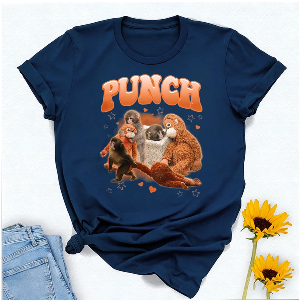 Punch The Monkey T-Shirt Emotional Support Plush Toy Graphic Tee Viral Sad Lonely Monkey Funny Casual Cotton Tops Animal Lovers