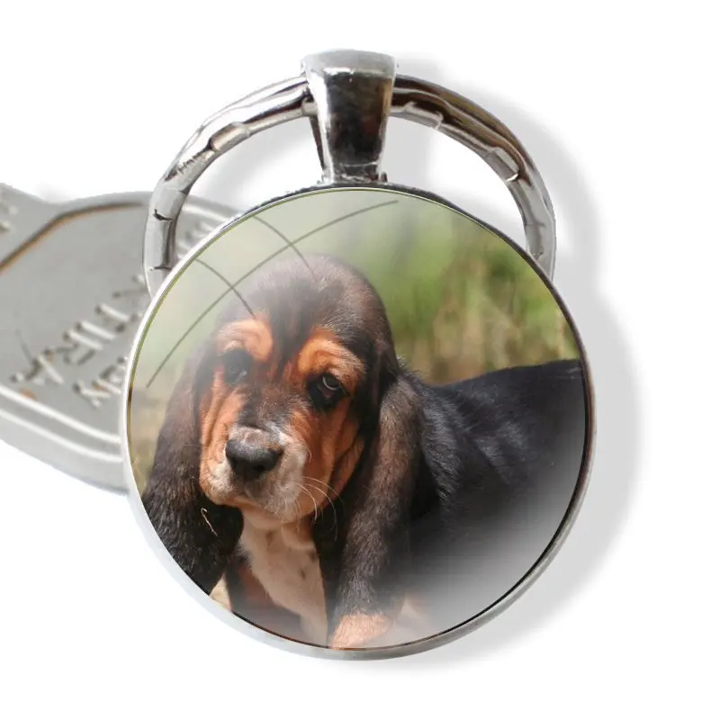 Basset Hound dog art Glass Metal Pendant Key Chain Classic Men Women Key Ring Accessories Jewelry Gifts