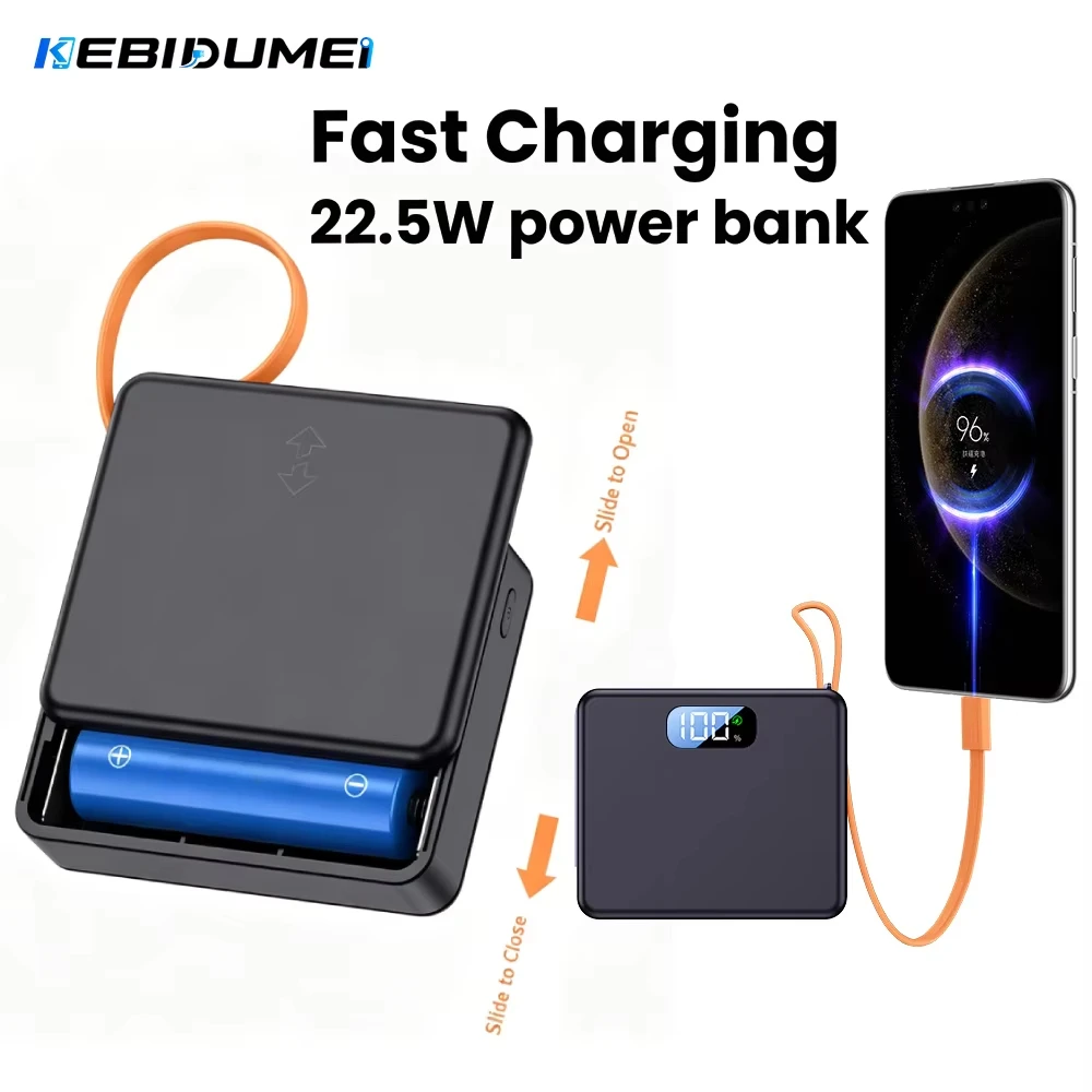 KEBIDUMEI 22.5W DIY 2*21700 Power Bank Case USB Type C Ports 10W Battery Holder Shell with Cable Storage Box for Phone Charging