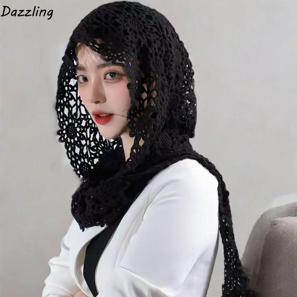 

Flower Hollow Out Crochet Shawl White Thin Hooded Scarves Korean Style Clothes Decoration Blouse Shoulders Fake Collar Female