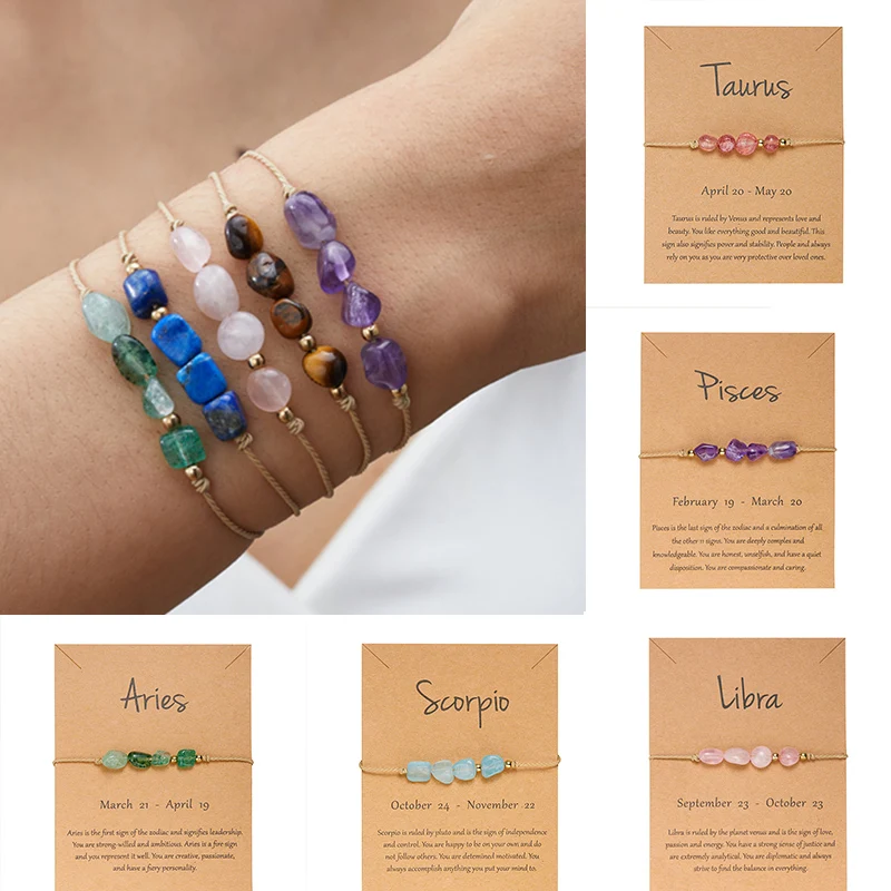 12 Constellation Natural Stone Beads Bracelets for Women Men Handmade Woven Zodiac Signs Bracelets Friendship Jewelry Gifts