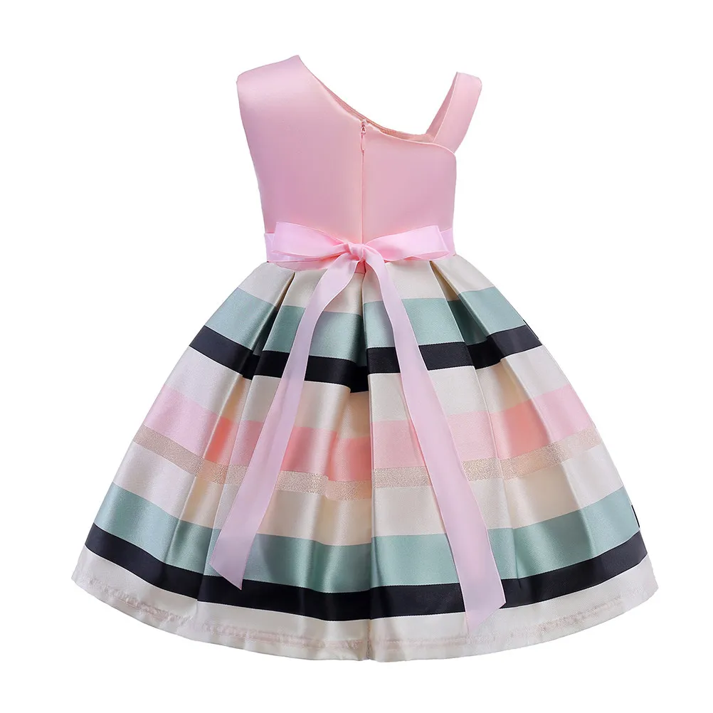 

Детское платье на одно плечо для девочек 3-8 лет, 1 шт., с хлопковой подкладкой, полиэстер, горизонтальные полосы, для вечеринок, нарядное, розовое, 130 см