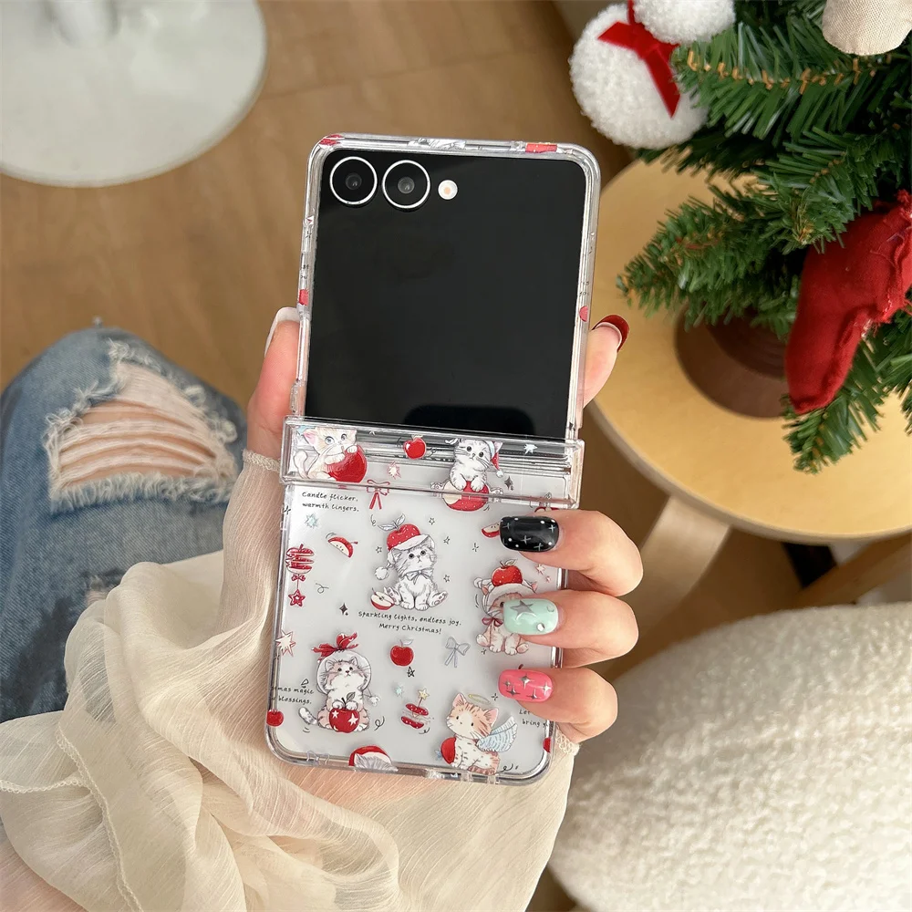 Cute Playful Cartoon Kitten Red Fruit Printed Phone Case for Samsung Galaxy Z Flip 7-3 Bear Heart Star Bead Strap Protect Cover