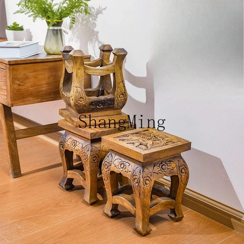 SM Exquisite Retro Solid Wood Carving Small Square Stool Household Coffee Table Wooden Bench Door Shoe Changing Stool