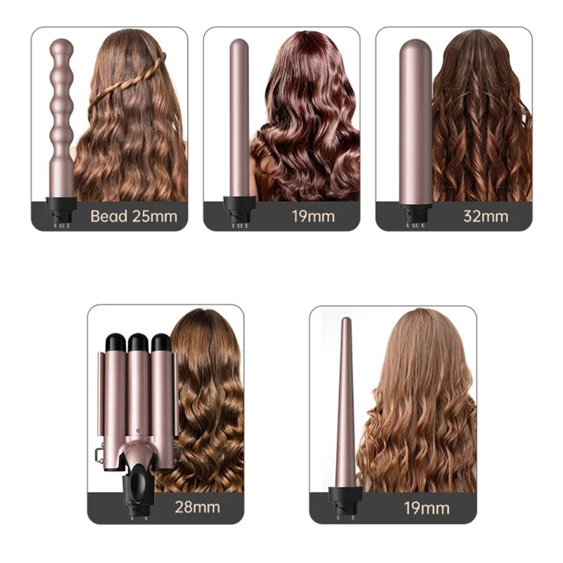 A99G-EU Plug 110-220V 5-In-1 Multifunctional Curling Iron Set Featuring Interchangeable Titanium Coated Barrels, LCD Display