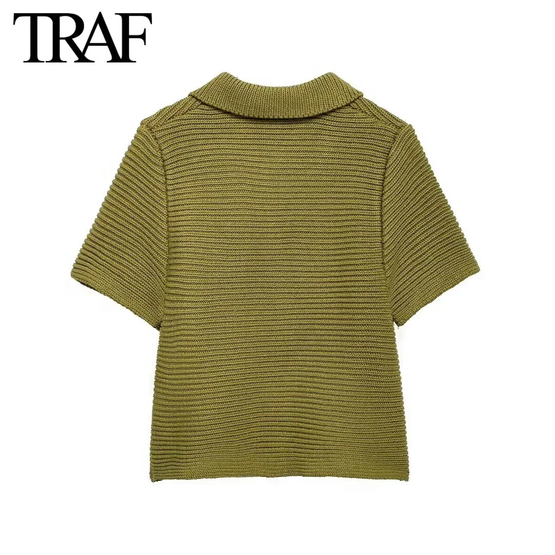 TRAF Women Fashion New 2024 Short Sleeve Single-breasted Lapel Knitted Jacket Sweater Cardigan Chic Female Knit Coat Mujer