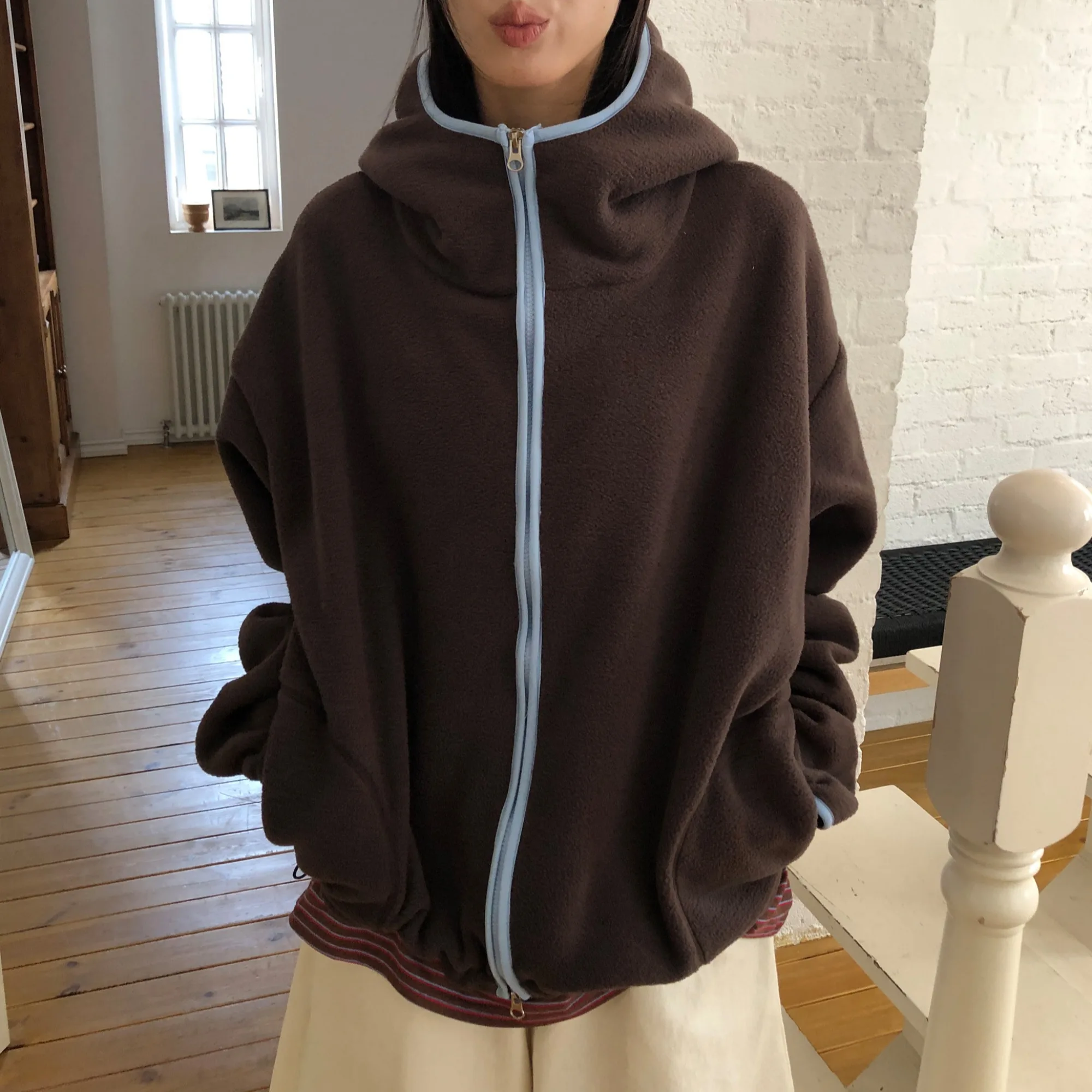 Warm Fleece Hooded Zipper Sweatshirt Retro Color Block Neutral Style Standard Fit Double Layer Design Daily Wear Ladies' Swea...