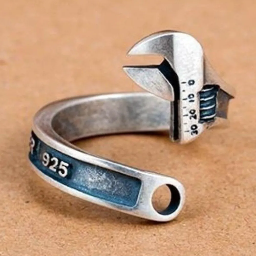 Adjustable Wrench-Shaped Open Ring Heavy Duty Industrial Look Spanner Finger Ring Hip-Hop Rock Biker Jewelry Overlay