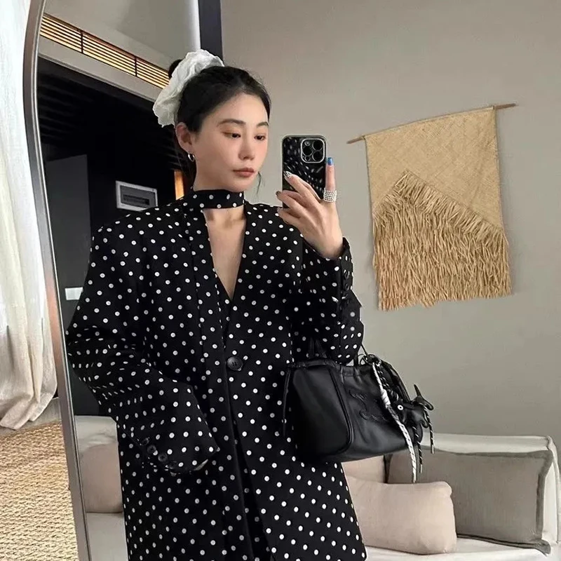 Korean Polka Dot Suit Jacket Women Long Sleeve V Neck Single Button Coat Fashion Elegant Loose Lazy Commuter Office Lady Outwear