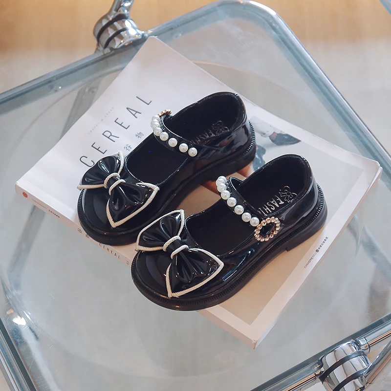 Toddler Girls Beaded Strap Leather Shoes 2026 New Autumn Kids Bowknot Mary Jane Flats Non-slip Classic Princess Party Wedding