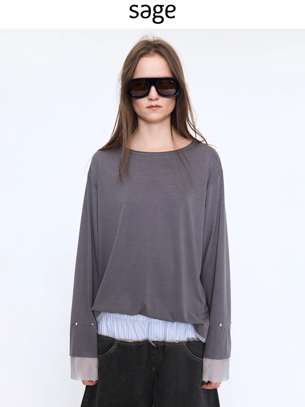 

Sagestudio ey Sand Long Sve round Ne T-irt "DingDang" Women's Casual Loose Fit Regency Fiber Eco-Friendly T-irt