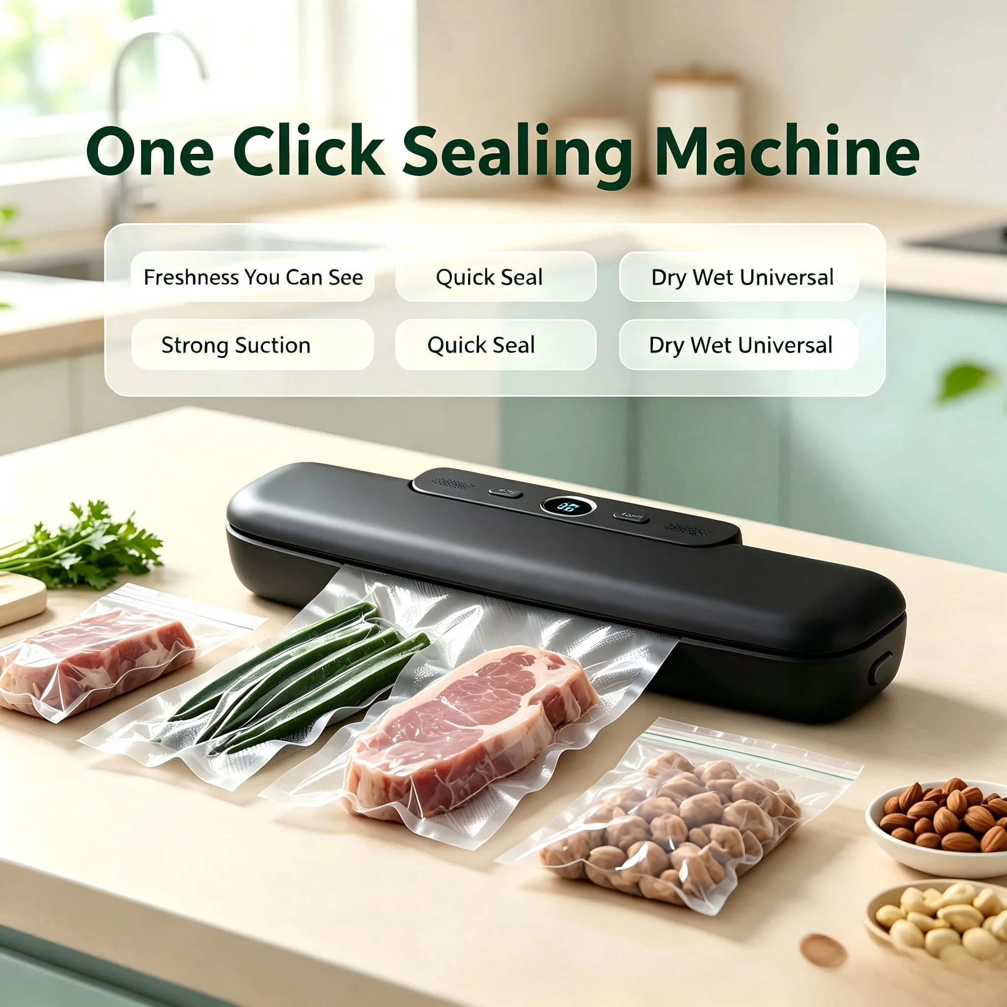 Household Mini Vacuum Sealer Food Preservation Packing Machine Dry Wet Food One-Click Sealing Equipment For Kitchen Storage