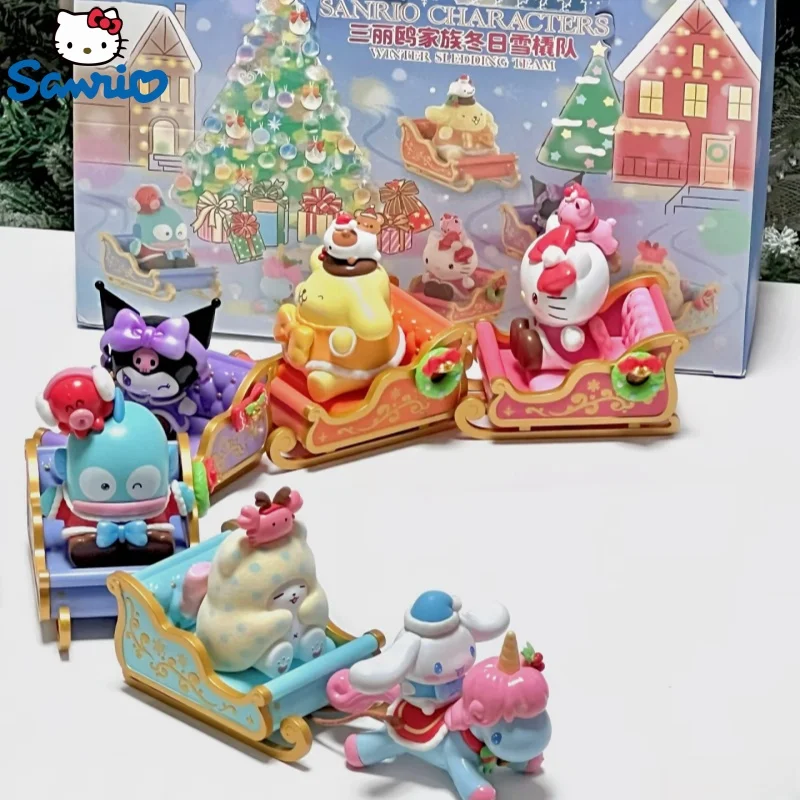 New Original Sanrio Winter Sledding Team Blind Box Kuromi Hellokitty Cinnamoroll Pom Pom Purin Hangyodon Kids Christmas Gift Toy