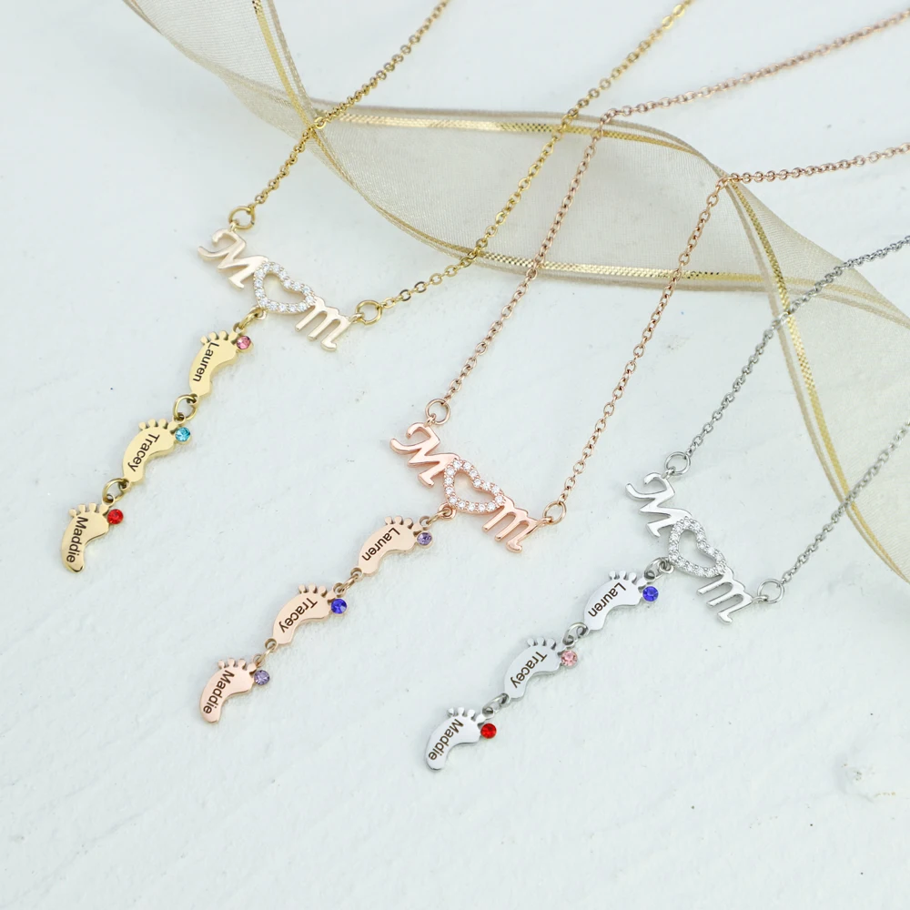 Personal isierte Namen Mutter Halskette Baby Füße Anhänger Halskette Edelstahl Halskette Schmuck Geschenk Muttertag Geschenk – Detail 4
