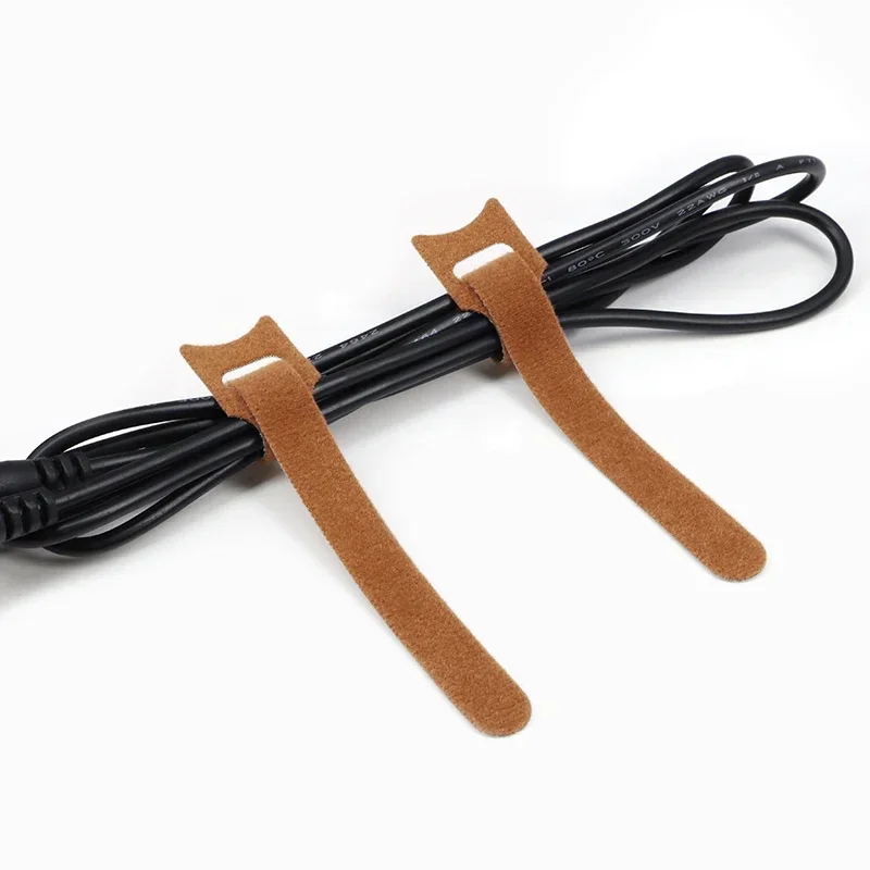 Brown Releasable Cable Ties Plastics Nylon Hook Loop Wrap Zip Bundle Fastener Straps Detachable Reusable T-type Wire Organizer 3