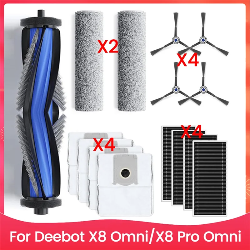 WHYY-Juego de accesorios para Ecovacs Deebot X8 Omni/X8 Pro Omni cepillo principal de goma filtros Hepa rodillos de limpiaparabrisas cepillos laterales bolsas de polvo
