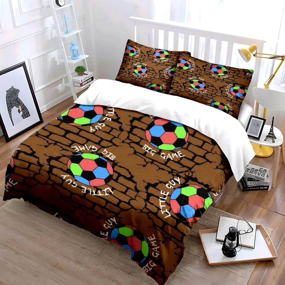 Vintage Brick Wall Color Soccer Duvet Cover Set, Little Guy Big Game Kids Bedding Includes 1 Duvet Cover And 2 Pillowcase,Gift