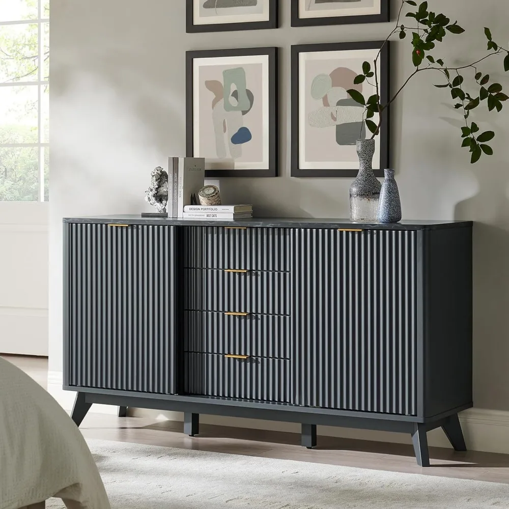 

60" Fluted Dresser with Sliding Doors and 4 Drawers, Modern Chest w/Faux Marble Top, Curved Profile Design, Dresser TV Stand,