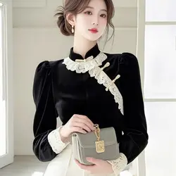 Black High-end Lace Stitching Velvet Buttoned Long-sleeved Shirt for Women with Stunning Design