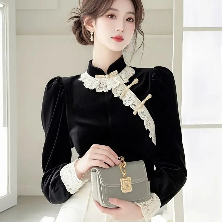 Black High-end Lace Stitching Velvet Buttoned Long-sleeved Shirt for Women with Stunning Design