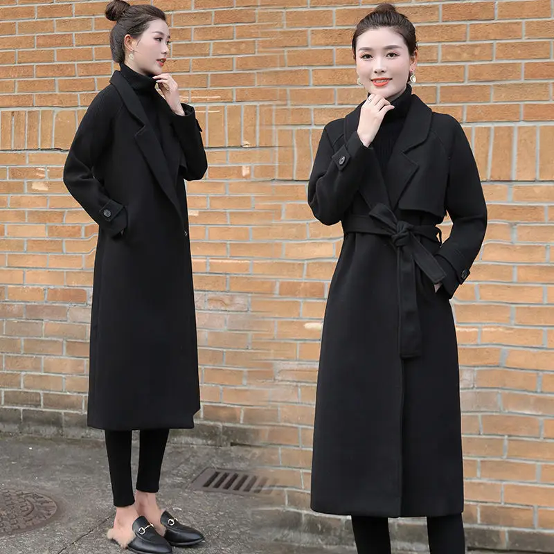 

Women Black Woolen Coat Nice Autumn Winter Long Wool Jacket Female Loose Large Size Woolen Overcoat Femme Belt Slim Woolen Coat