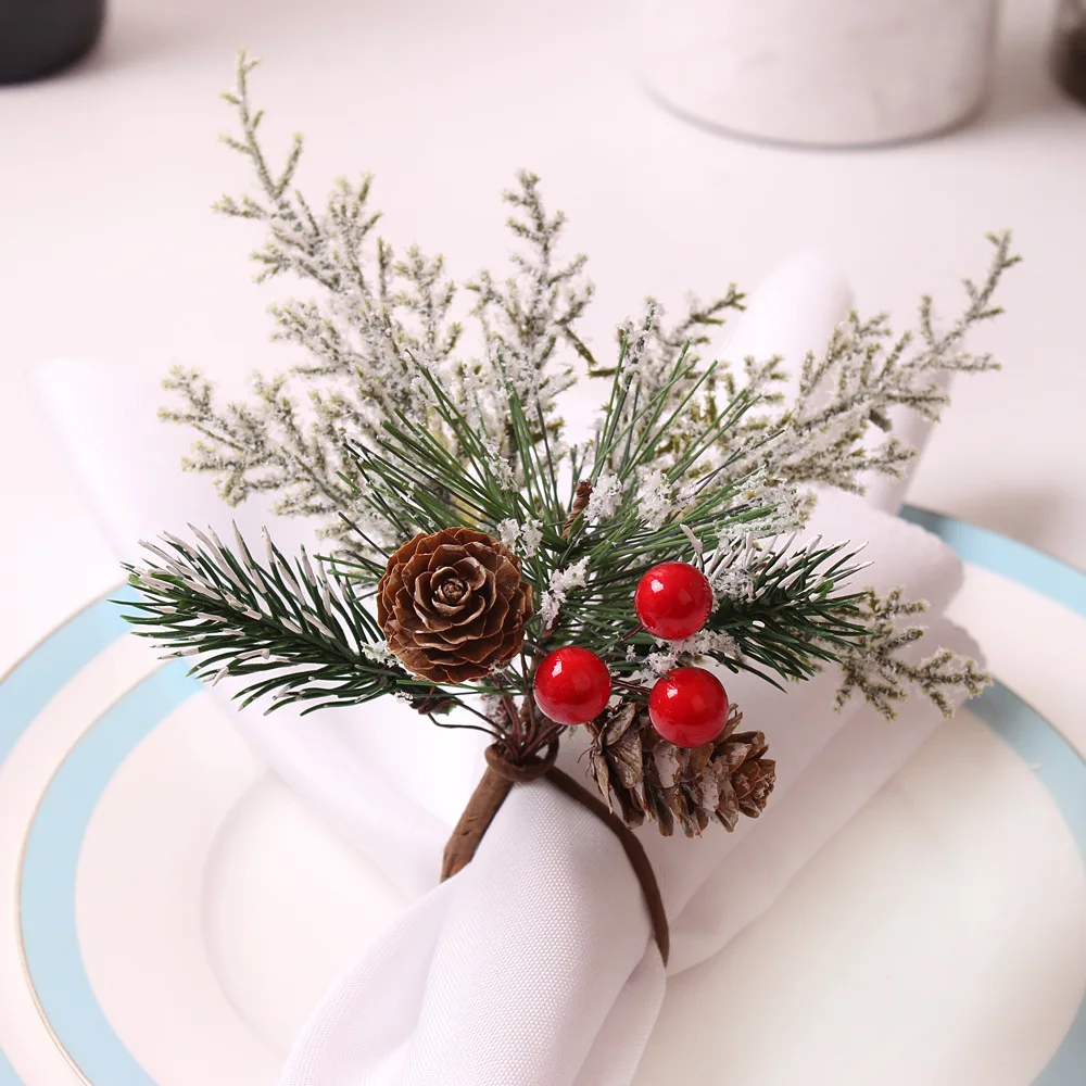 4PCS Christmas Cedrus Table Napkin Ring, Jute Lace Napkin Buckle,Pine Cone Crafts Holder Handmade Party Dinner New Year Decor