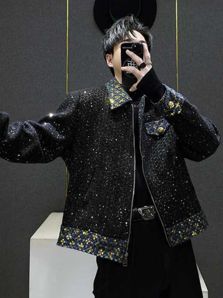 Men's Tweed Jacket Chic Sequin Patchwork Colorblock Full Zip Oversized Elegant Casual Fashion Coat Spring Fall Outerwear