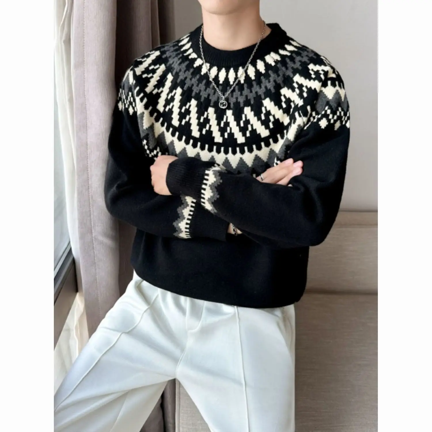 Autumn Winter Men\'s Clothing Crew Neck Pullover Lantern Long Sleeve Geometric Screw Thread Contrast Color Sweater Knitted Tops