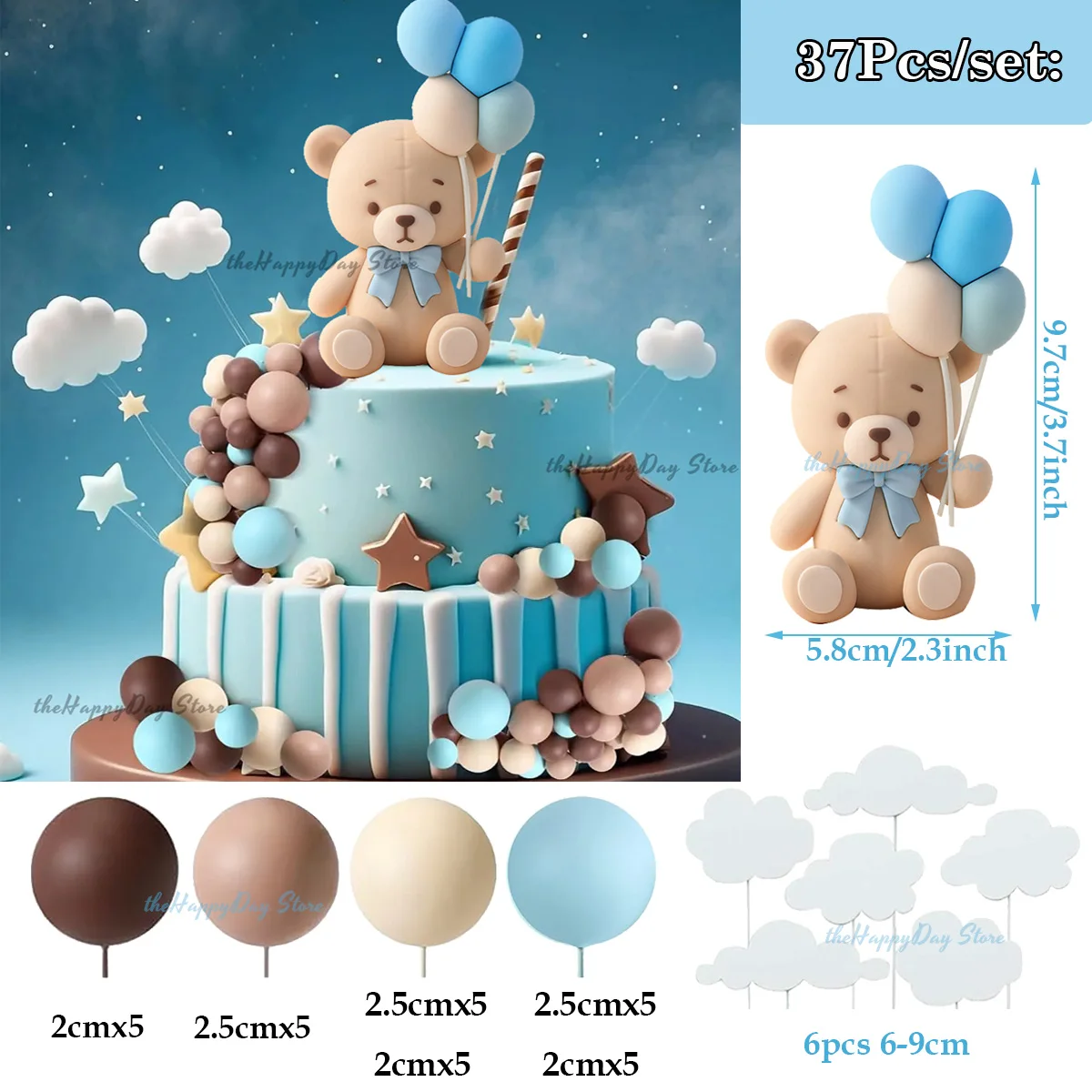 1 Set Blaue Bären-Kuchendekoration 3D Bär Blau-Beige Bälle Kuchenaufsätze Bären-Geburtstag We Can Bearly Wait Babyparty Kuchendeko – Detail 40
