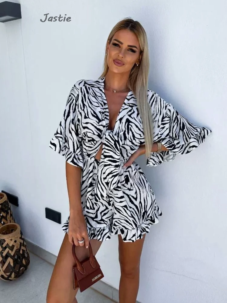 

Zebra Print Ruffle Short Sleeves Summer T-shirts + Shorts Set V-neck Lace-up Crop Top Shorts Suit Fashion Holidy Beach Outfits