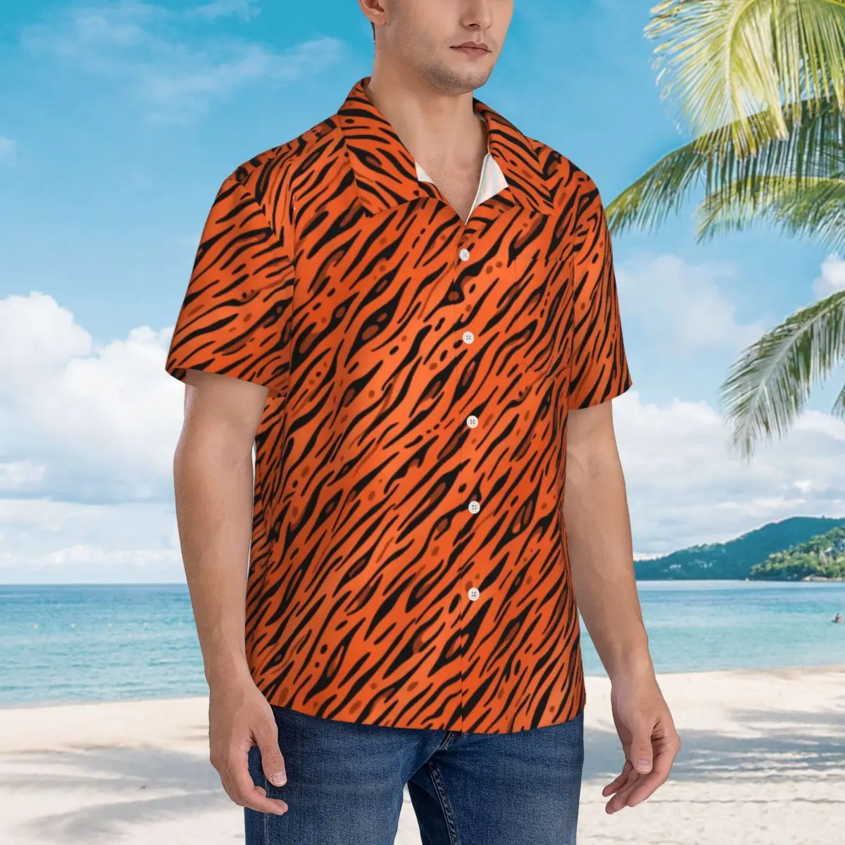 Koszula hawajska bluzki plażowe z nadrukiem zwierząt pomarańczowe Tiger Strip Vintage Casual Shirts męskie koreańskie modne ubrania z krótkim rękawem