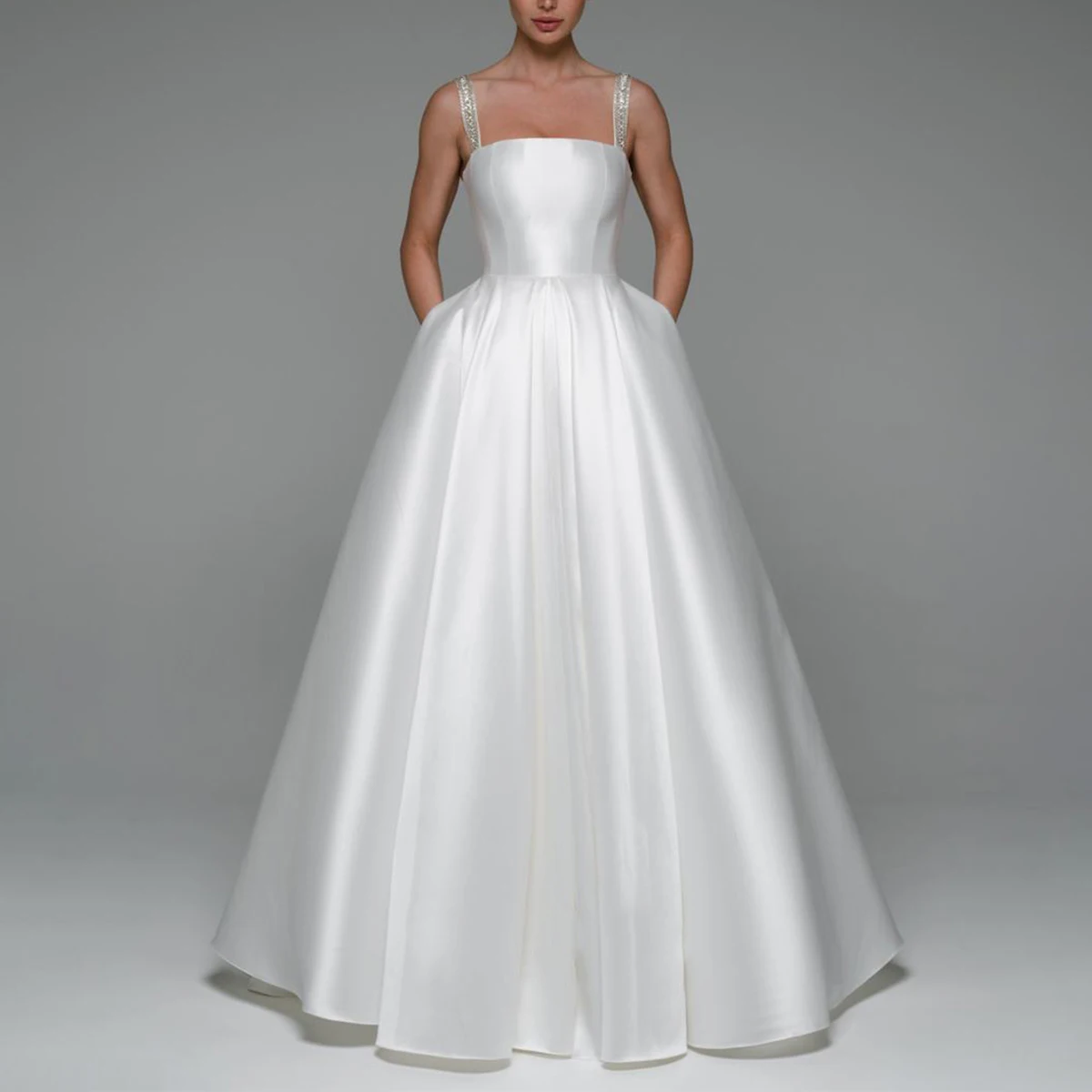 

Romantic Satin Long Beaded Ball Gown Wedding Dresses With Train Square Collar A Line Bridal Party Gown For Bride Vestidos Novia